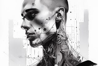 Artistic image of a man converging with technology.