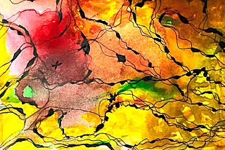 abstract artwork (acrylic on watercolor paper in yelllow-red-green)/black sketch strokes)