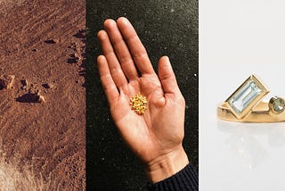 Triptych of reddish earth, a hand holding grains of gold, and a gold ring with aquamarine and sapphire gemstones