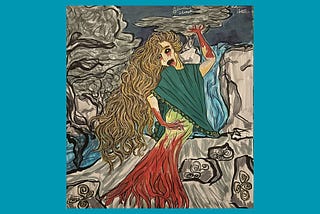 An artist’s image of the Caoineag; a mythic creature like a banshee. It’s a woman with long hair, a green tunic, blood flowing from her side.
