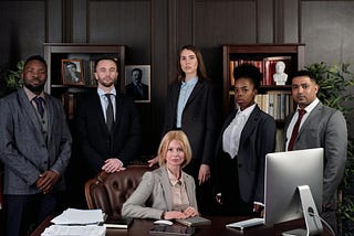 Six professionally dressed, formally posed men and women look directly at the camera.