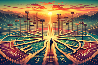 “An abstract depiction of a person standing at a crossroads, with multiple pathways labeled with various career options such as ‘Artist’, ‘Engineer’, ‘Doctor’, and ‘Entrepreneur’. The background features a serene sunrise landscape, symbolizing new beginnings and the diverse opportunities ahead. This image, created by Pradeep Bhatt, visually represents the crucial decision-making involved in choosing a career path.”