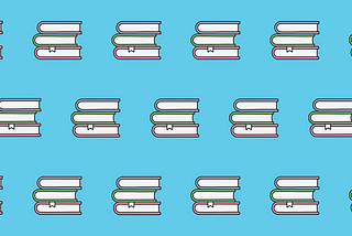 A pattern made up of a repeated icon of three books in a pile on top of each other. The top book has a lavender cover, the middle book has a forest green cover and the bottom book has an pastel pink cover. The piles of books are on an electric blue background.