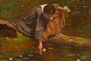 Painting of a girl collecting lilies from a pond by Eastman Johnson. Painted in 1865. Oil on board.