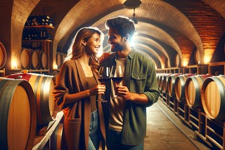 Couple enjoying romantic wine cellar tour — hotel experience package