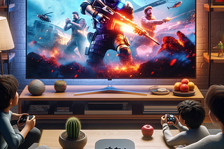 A hyperrealistic image of a family sitting on a couch in front of a TV, playing a game on an Apple TV device. The TV screen shows an action-packed game scene, overlaid with a glowing Apple TV logo, merging dynamic gameplay graphics with branding. The family, depicted with lifelike expressions of excitement and immersion, is focused on the game. The living room setting is modern and detailed, with a realistically sized Apple TV device on the table, enhancing the authenticity of the scene. The ima