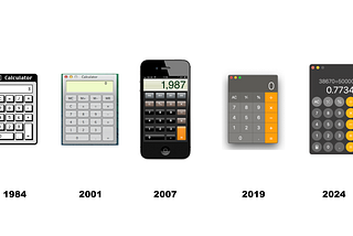 This image compares Apple design calculator apps from 1984 (black and white textured), 2001 (grey with a touch of glassmorphism), 2007 (extremely) skeuomorphic, 2019 (flat and card-like) and 2024 (flat with round buttons).
