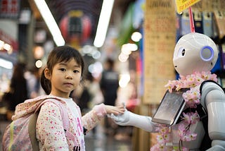 A young girl wearing a pink backpack holds hands with a small humanoid robot wearing a pink lei