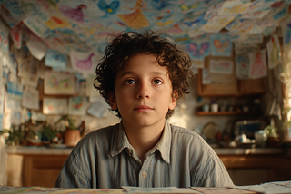 Young boy is surrounded by drawings