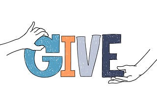 Illustration of the word GIVE with 2 hands holding the sign on each sides. Giving is a Science. Act of kindness