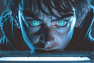 A disturbing image of a teenage boy with one red eye staring piercingly into the camera
