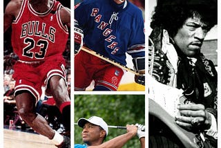 A collage of Michael Jordan, Wayne Gretzky, Tiger Woods, and Jimi