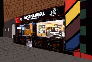 An illustration of “Best Mangal”, a Turkish Kebab shop in Old Street, London, by Jensen Lo.