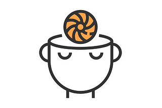 Desenho de uma pessoa com olhos fechados e uma esfera laranja com espirais desenhadas em preto saindo da cabeça, simbolizando o pensamento.