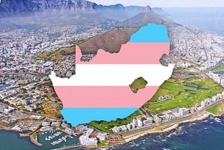 Trans flag colours in the shape of South Africa overlaid over a picture of Cape Town.