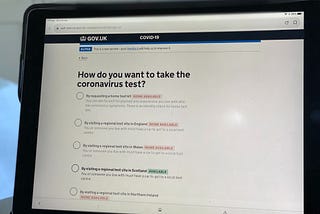 Tablet showing results for How do you want to take the coronavirus test in UK