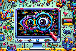 A vibrant and creative doodle representing AI detection software. The scene depicts a whimsical computer screen displaying a magnifying glass scanning over lines of code, with cartoonish eyes symbolizing the software’s vigilance. The code on the screen contains playful symbols and characters, suggesting the detection of AI-generated content. Around the screen, digital icons such as gears, neural networks, and binary code float in space, illustrating the technology behind the software.