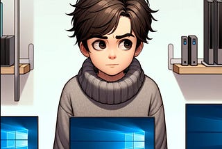 A digital illustration of a young boy with short, dark hair, wearing a grey sweater, looking suspiciously at a display of new Arm Windows PCs. The boy’s expression shows suspicion and curiosity. He is standing in front of a desk with several sleek, modern Arm Windows PCs. The background includes tech-themed decor and shelving, maintaining a soft and neutral color scheme.