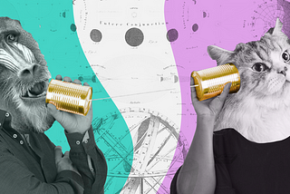 two people with animal heads speaking using cans and string illustration by DotB