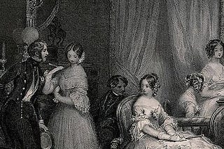 antique picture of Victorian men and women talking