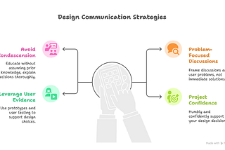 Illustration showing four design communication strategies: (1) Avoid Condescension — educating stakeholders without assuming prior knowledge, (2) Leverage User Evidence — using prototypes and testing to support decisions, (3) Problem-Focused Discussions — framing around user problems instead of UI solutions, and (4) Project Confidence — humbly and confidently presenting design choices. Centered image of a hand holding a touchscreen device connects the strategies.