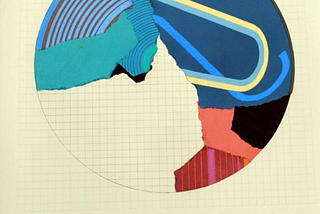 multicoloured collage in the shape of an unfinished circle, cream and grid background