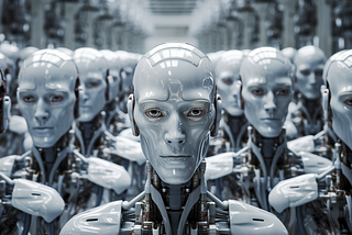 Crowded rows of identical androids. The android in the center is looking directly at the viewer.