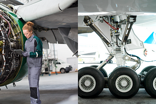An airline maintenance worker holding a tablet inspecting an engine and a picture of the airplane wheel assembly.