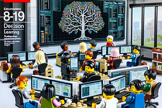 A group of LEGO-like developers discussion Decision Tree model