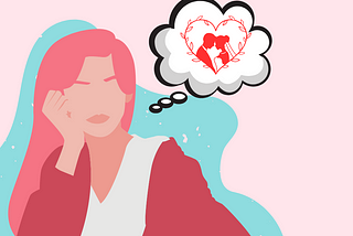 Woman thinking about marriage in a thought bubble with a husband and wife touching foreheads in a heart circle