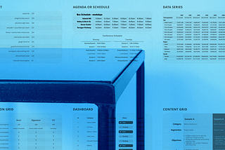 Image collage with various examples of tabular data layouts on a blue background with a physical table in the background