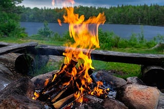 Campfire on a beach next to a lake with a forest in the background