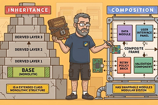 Inheritance vs Composition diagram in OOP showing monolithic class hierarchy vs modular, swappable components for flexible system design