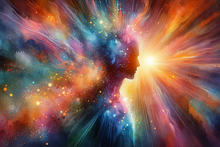 A man’s profile is surrounded by colorful fields of light