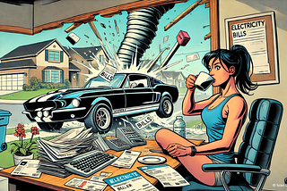 A cartoon image of a woman drinking coffee at a desk covered in domestic bills while apocalyptic chaos unfolds outside.