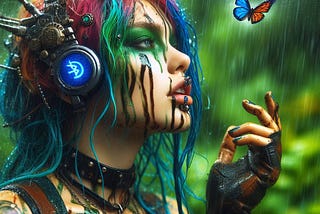 Steampunk styled woman with colourful hair in the rain, with Bluetooth head gear, looking up at a butterfly