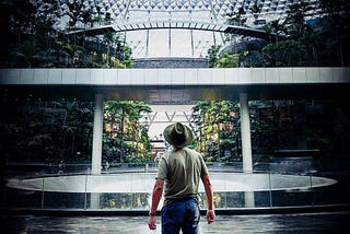 A man in an olive t-shirt and blue shorts with a green hat shot from behind. Looking into the distance. Trees and greenhouse like dome above. Jewel Changi Airport, Singapore.