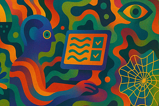 Trippy abstract illustration of someone sitting at a computer screen, suggesting design work.