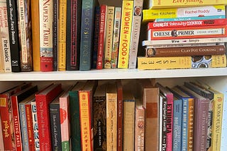 Bookshelves full of cookbooks.