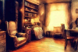 A hand drawing of a vintage living room, with an armchair, bookshelf, and a wooden table.
