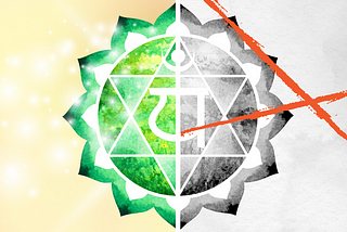 Image of heart chakra divided in half. The left half of the heart chakra being green with a golden background, symbolizing the light feeling of love. The right half of the heart chakra being gray and black and crossed with red line strokes, symbolizing the pain of a toxic connection.