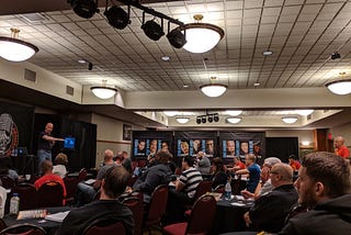 Jerry Corley presenting at the World Series of Comedy Main Event