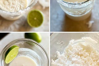 Ingredients for lime in the coconut drink shown with coconut milk, lime, and shredded coconut for nutrition section.