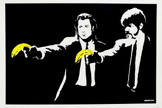 Banksy stencil art inspired by John Travolta and Samuel Jackson’s characters from Pulp Fiction holding droopy bananas instead of pistols.