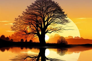 Silhouette of a large, leafless tree set in front of a beautiful Autumn sunset, all reflected in a quiet lake.