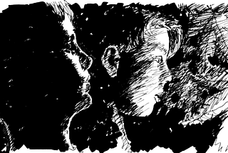 Close-up black line drawing of two boys’ faces from the side at night under leafy trees