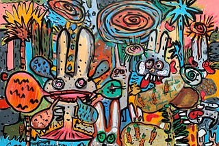 Semi illustration featuring large, playful rabbit-like creatures with exaggerated facial features, surrounded by vibrant plants and swirling patterns. The scene includes elements like carrots, exaggerated eyes, and whimsical shapes, with a bold, graphic style reminiscent of pop art that suggest people watching. Drawn for this post by Artist Francois Top.