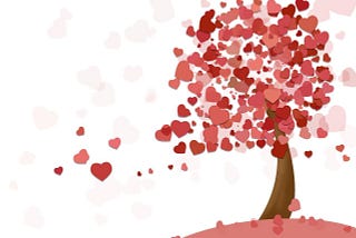 A tree created from pink & red & white hearts like leaves.