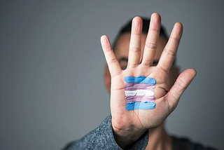 A person holding up their hand so that their palm obscures their face. On their palm is a drawing of the trans flag