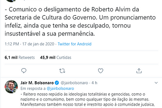 Roberto Alvim é ex-secretário, mas Bolsonaro segue presidente